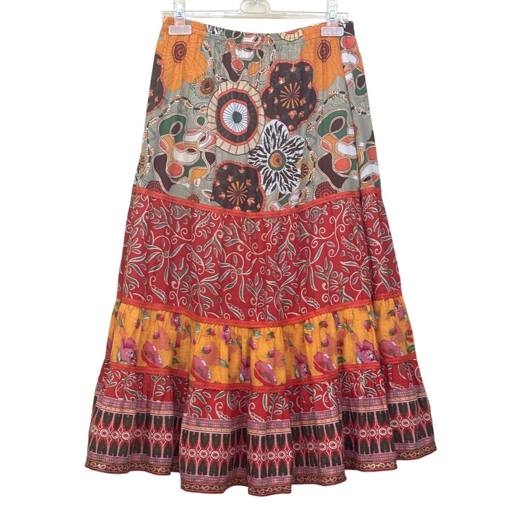 Vintage Boho Floral Paisley Tiered Cotton Maxi Skirt Small Multi Color India